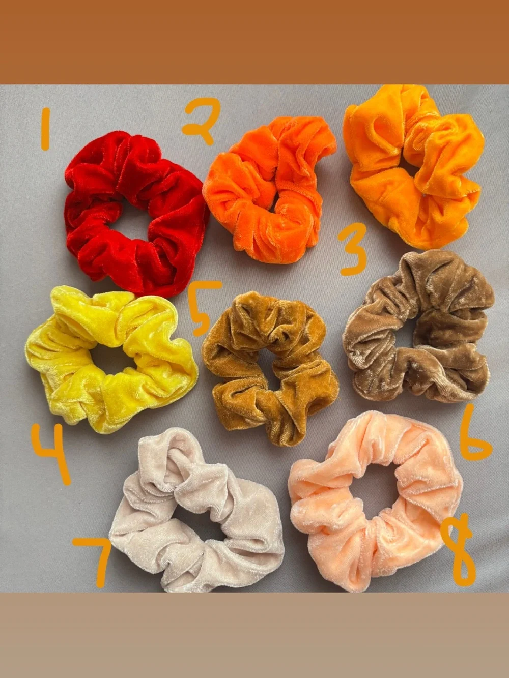 warm colored scrunchies - red, orange, yellow, gold, & beige FOR INDIVIDUAL SALE